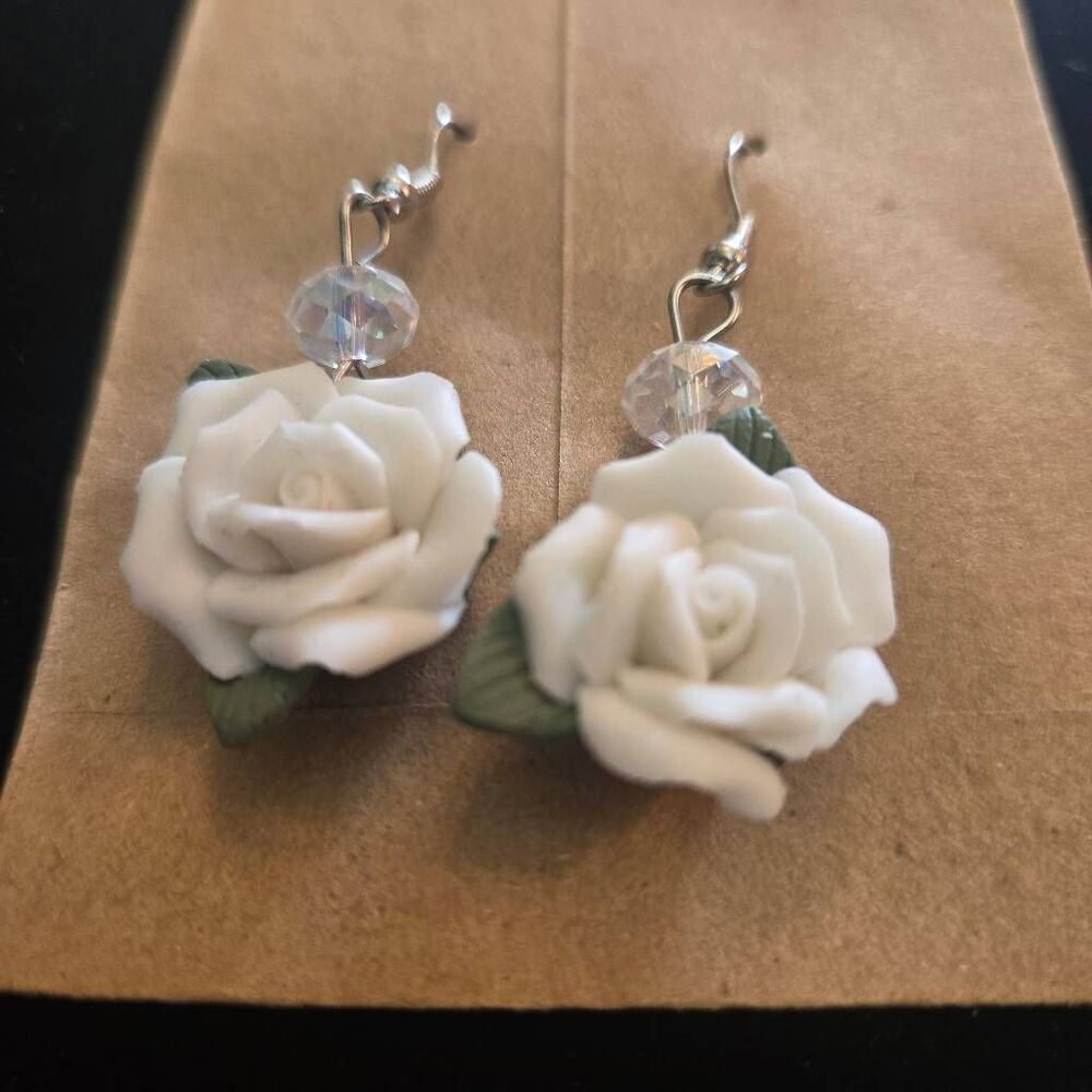 White Rose Clay Earrings Dangle Drop Bead - Picture 5 of 6